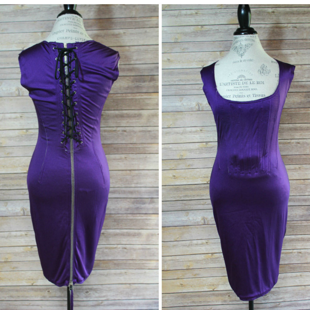 Vtg JEAN PAUL GAULTIER 90s Corset Zipper Dress 6 VINTAGE Purple Goth Neoprene